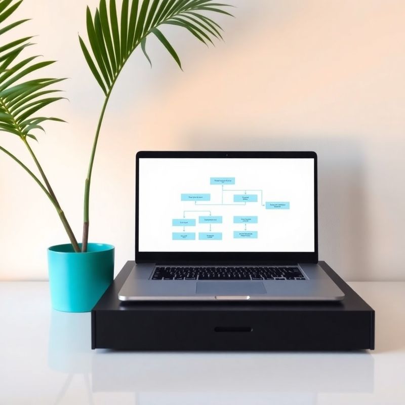 Escritorio con laptop mostrando un diagrama de flujo de chatbot